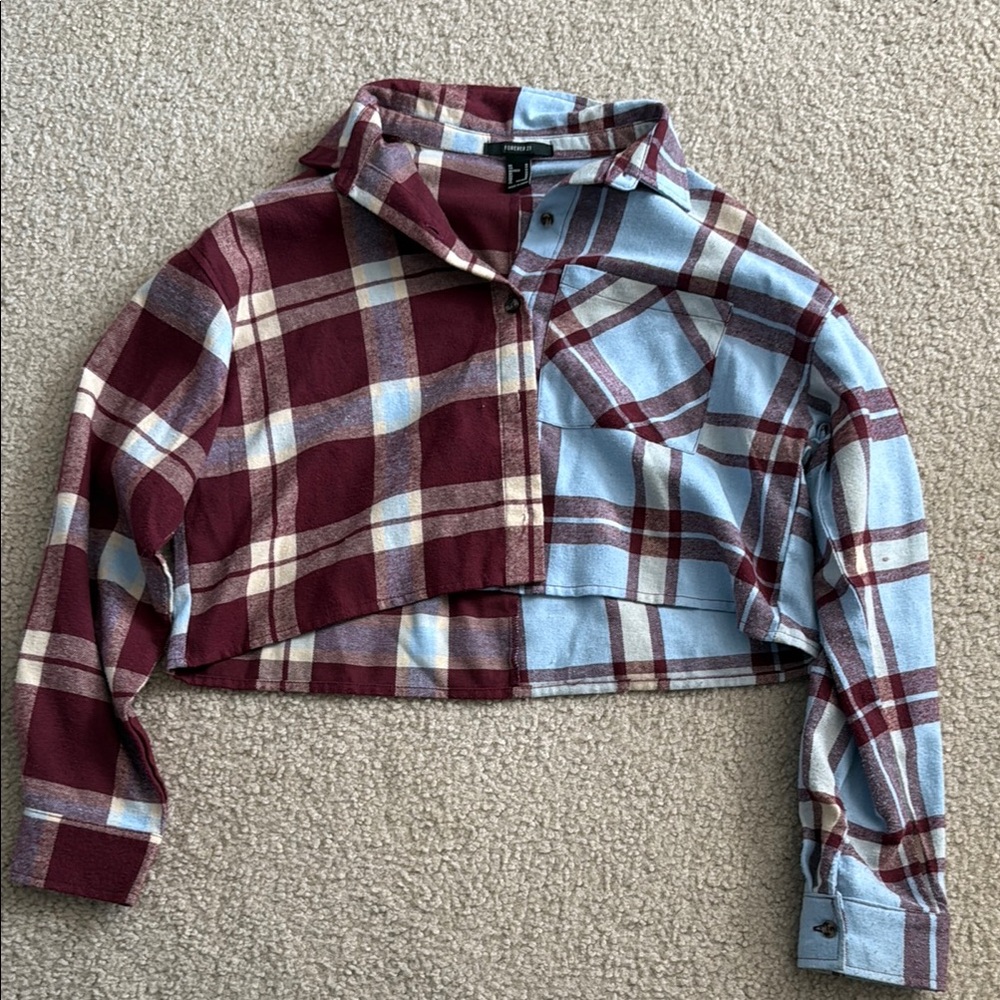 Forever 21 Burgundy and Light Blue Plaid Crop Top
